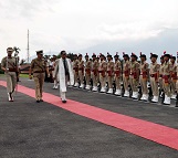 The Governor designate Shri JP Rajkhowa inspecting Guard of Honour presented by Arunachal Pradesh State Police on his arrival at Raj Bhawan helipad, Itanagar on 30th May 2015